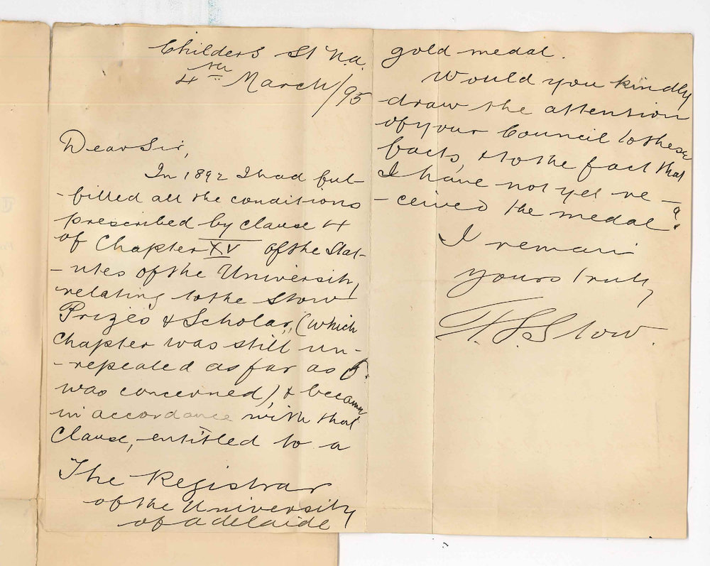 Franicis Leslie Stow - Childer Street North Adelaide - Entitled to gold medal as Stow Scholar