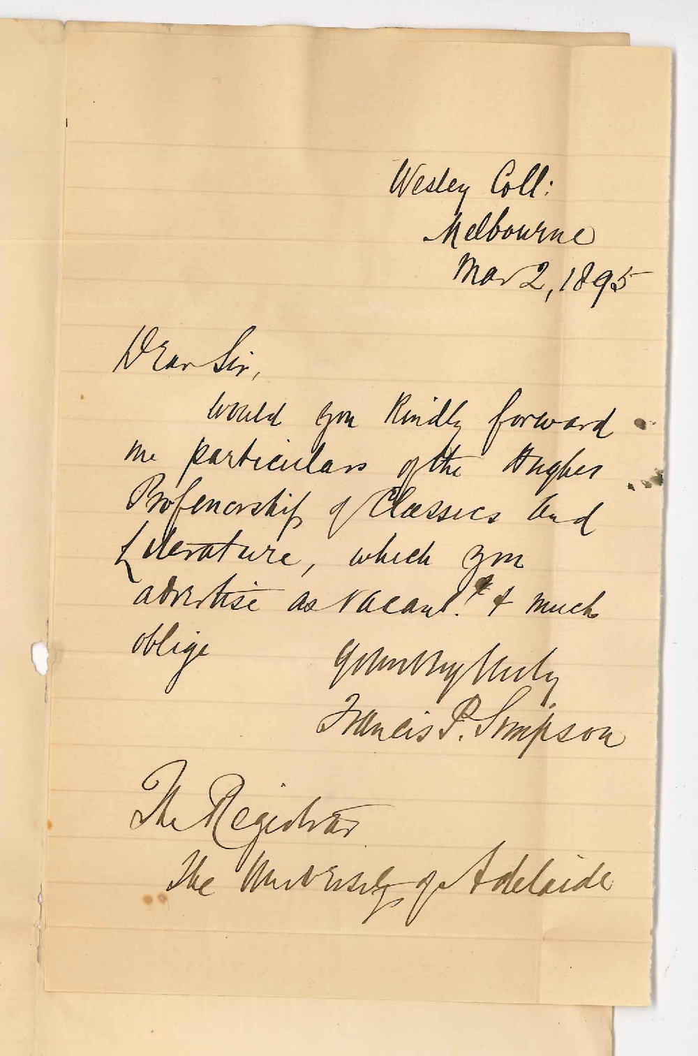 Francis P Simpson - Wesley College Melbourne - Requesting Particulars of Hughes Professorship of Classics