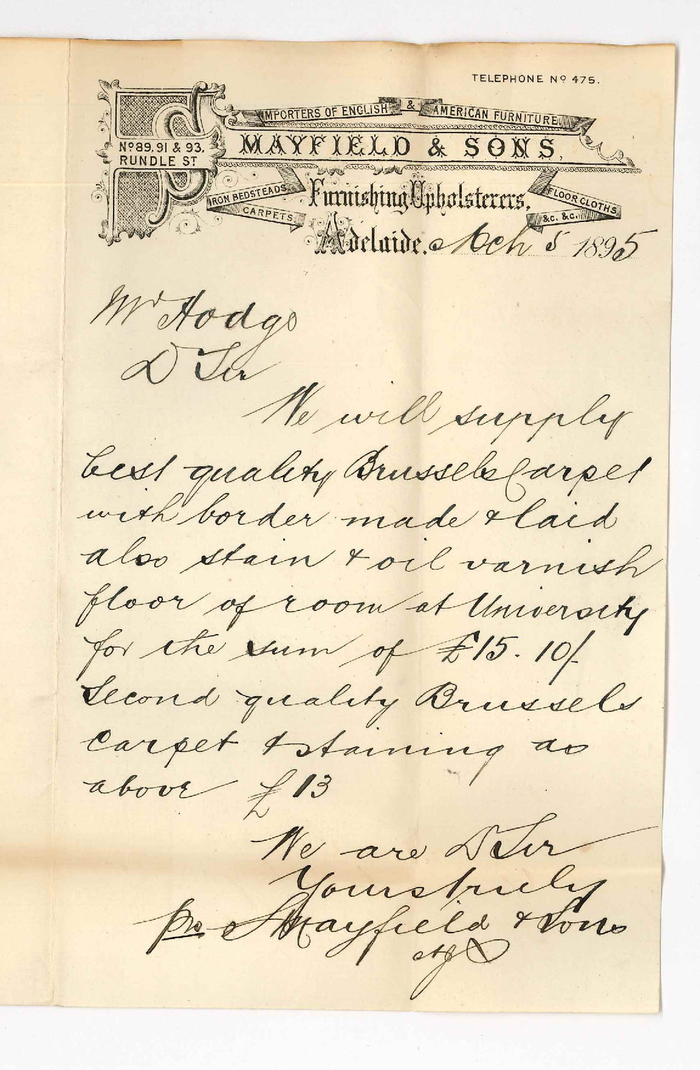 J Miller Anderson - S Marshall and Company - Mayfield and Sons -Tenders for carpet in Lady Students room
