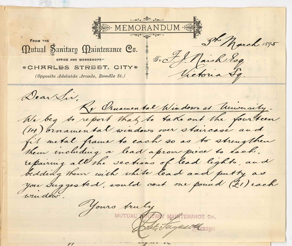 Frank John Naish - Architect Morialta Chambers Victoria Square Adelaide - Report on staircase windows