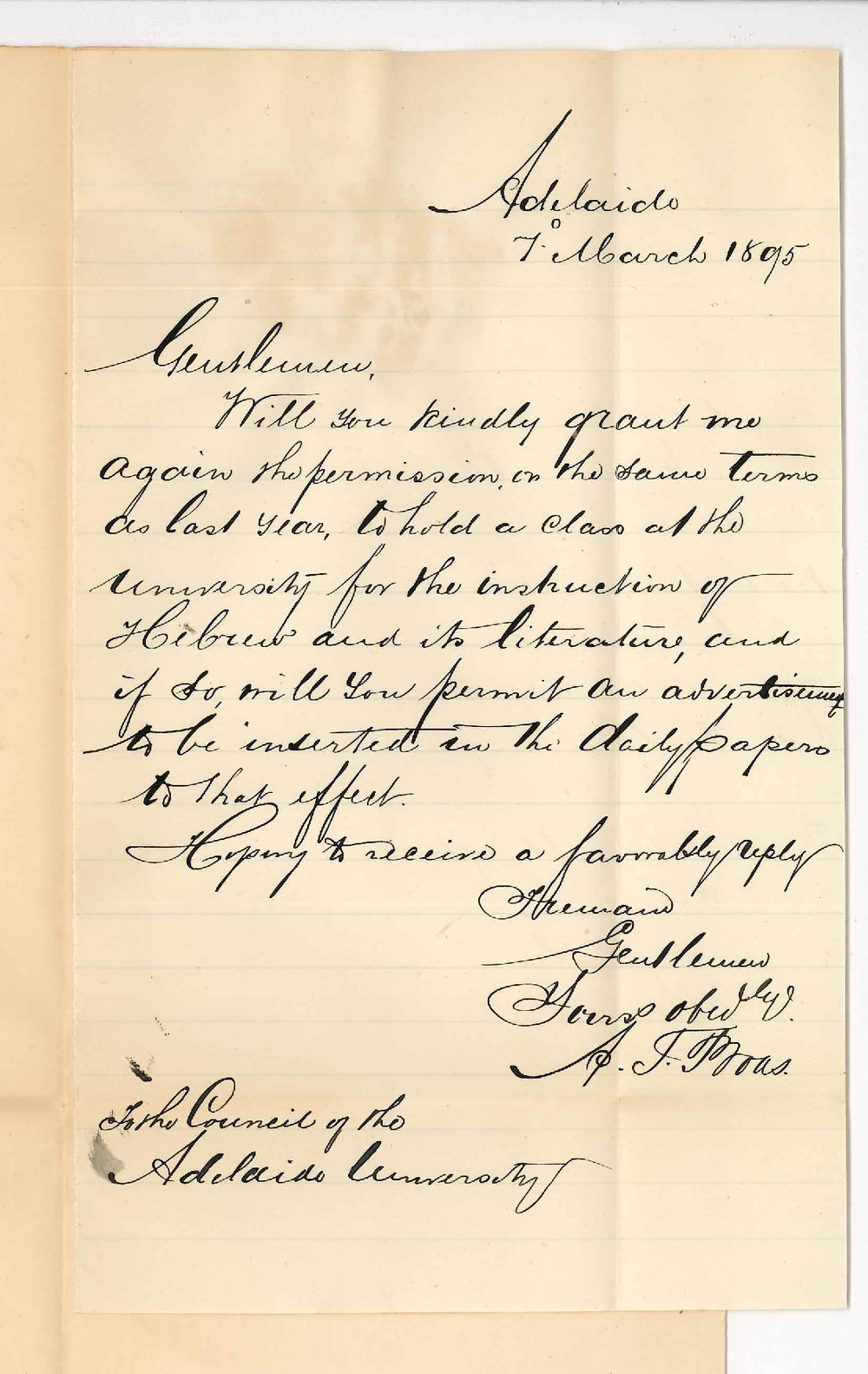 Reverend A T Boas - Adelaide - Asking permission to lecture in Hebrew