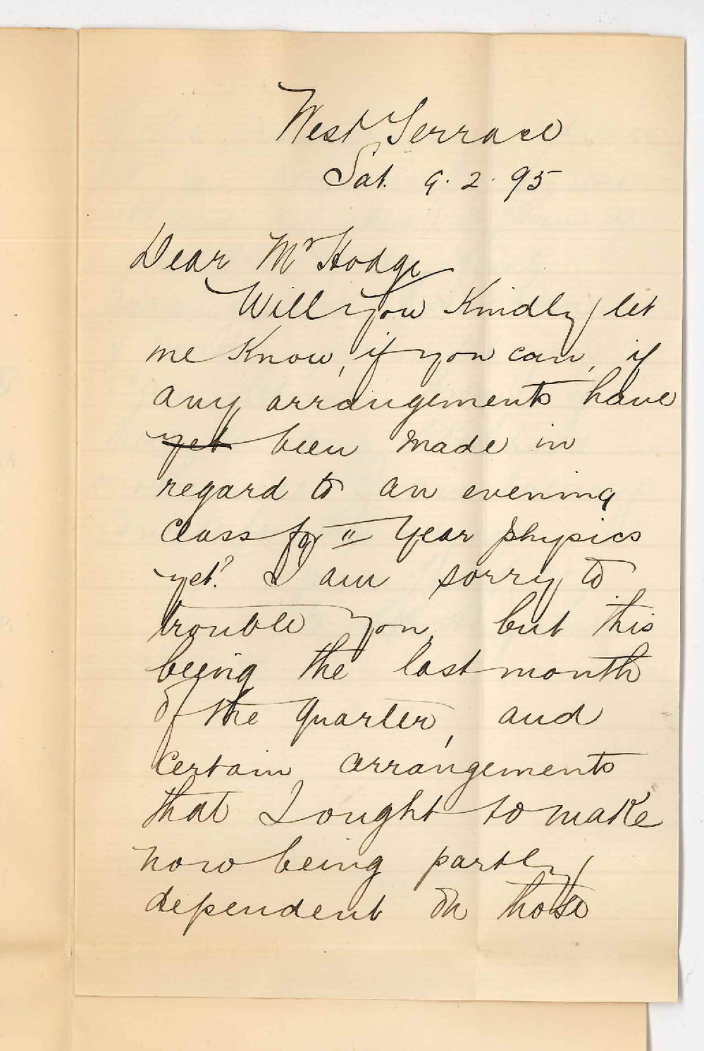 Wilhelmina S H Heynemann - West Terrace Adelaide - Enquiring re evening lectures
