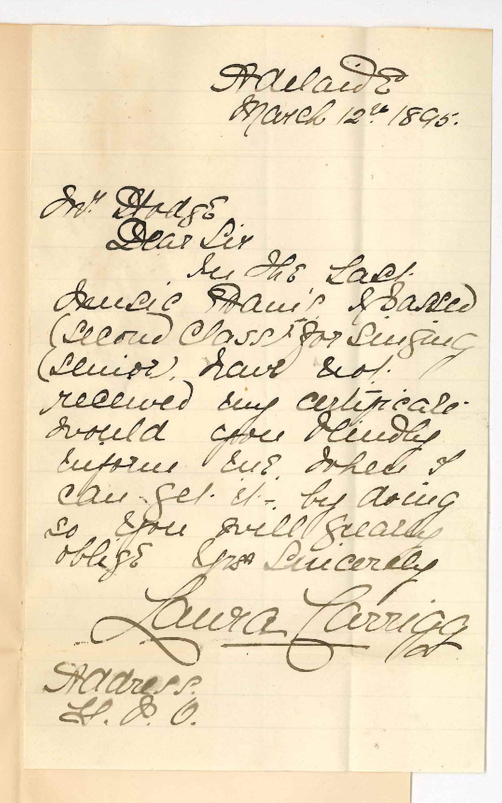 Miss Laura Carrigg - GPO Adelaide - Enquiring re Music certificates