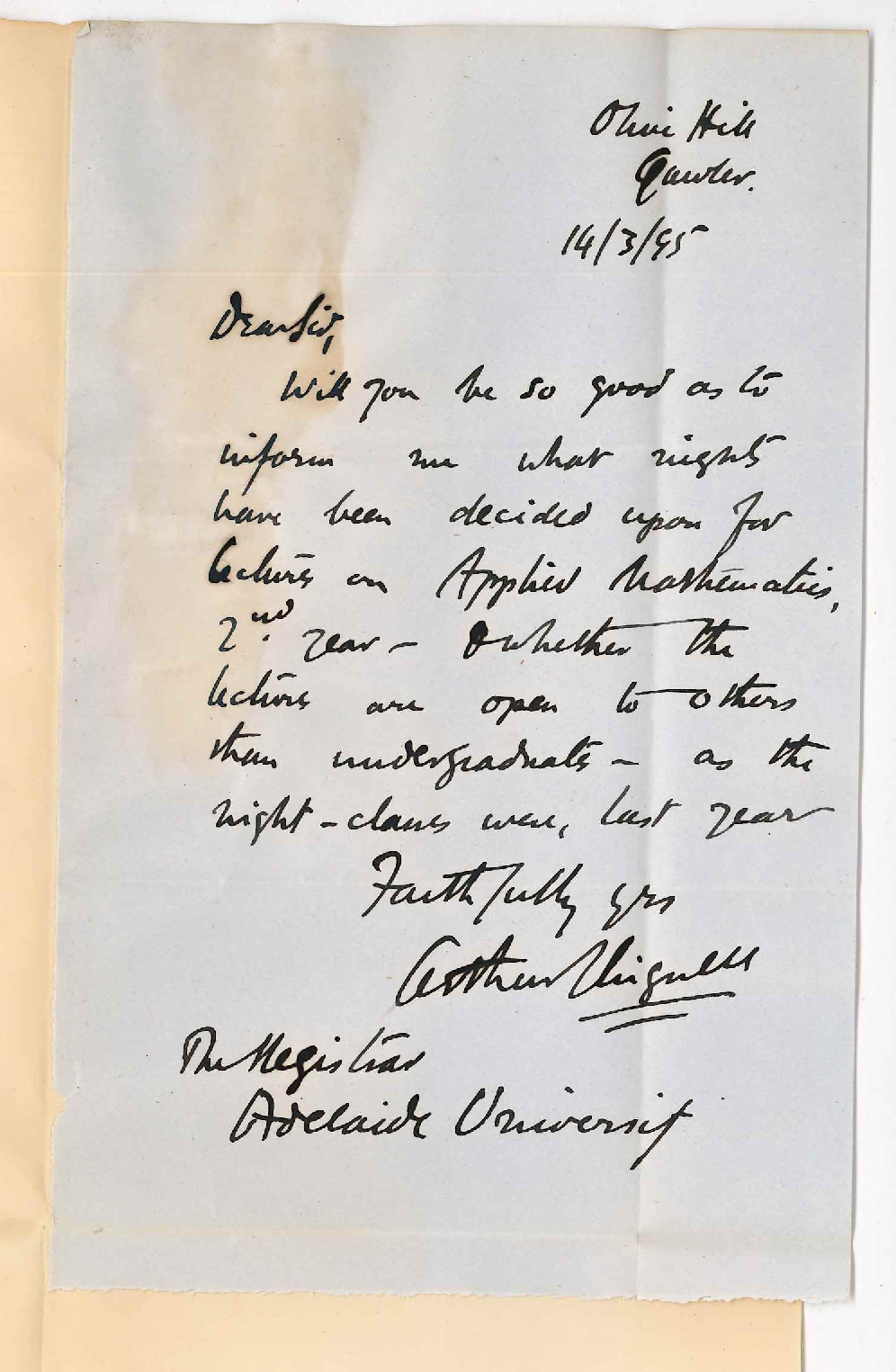 Arthur Chignell - Olive Hill Gawler - Enquiring re Evening lectures on Applied Mathematics