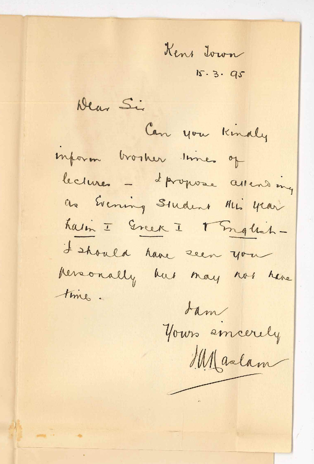 J A Haslam - Kent Town - Asking times of certain Evening lectures