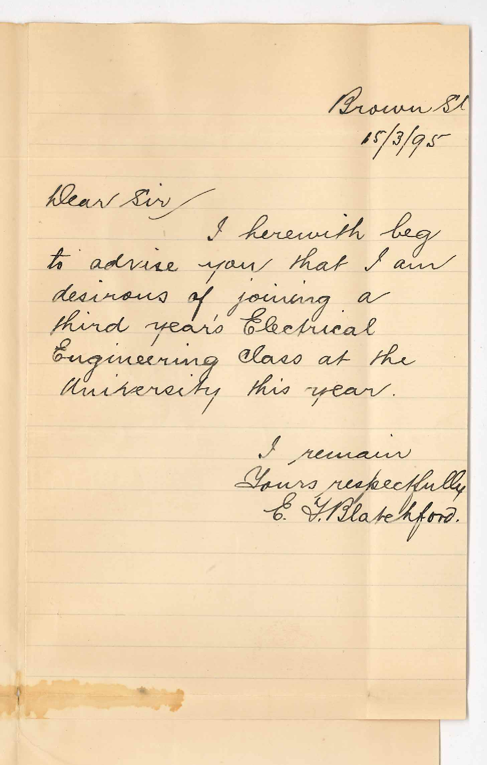 E T Blatchford - Brown Street Adelaide - Willing to join 3rd years Electrical Engineering class