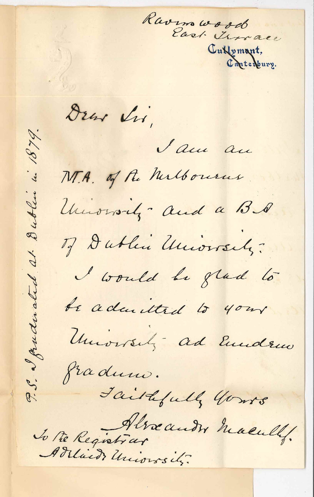 Reverend Alexander Macully MA - Ravenswood East Terrace Adelaide - Applying for admission ad eundem gradum - MA Melbourne and BA Dublin