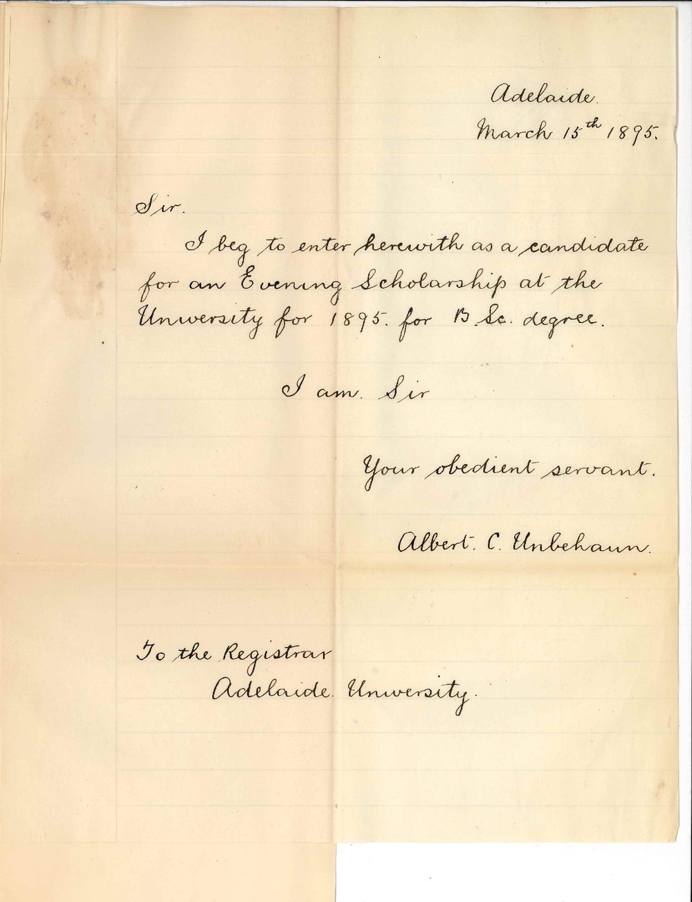 Albert C Unbehaun - Adelaide - Entrance for Evening Scholarship