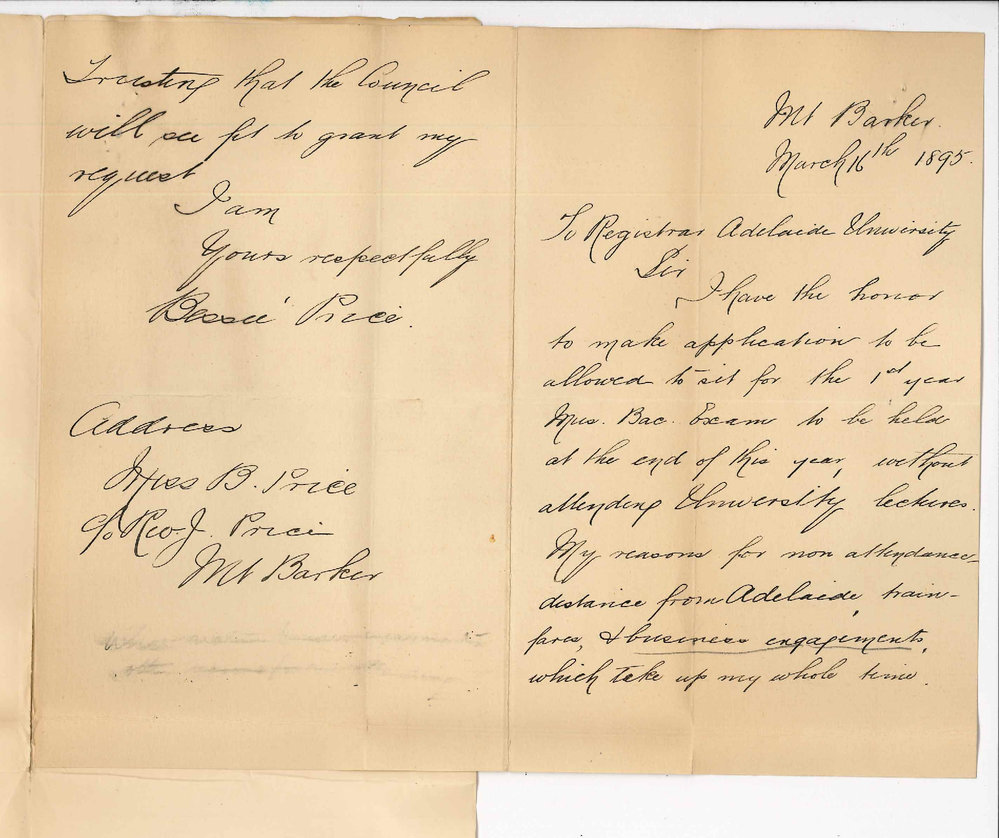Miss Bessie Price - c/o Reverend J Price Mount Barker - Asking permission to sit for Mus Bac Exam 1st year without attending lectures