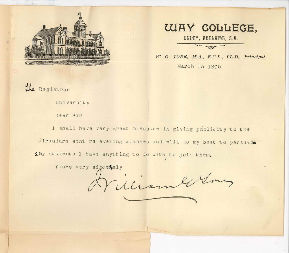 Dr William George Torr MA - Way College Unley - Received circulars re Evening Classes and Scholarships