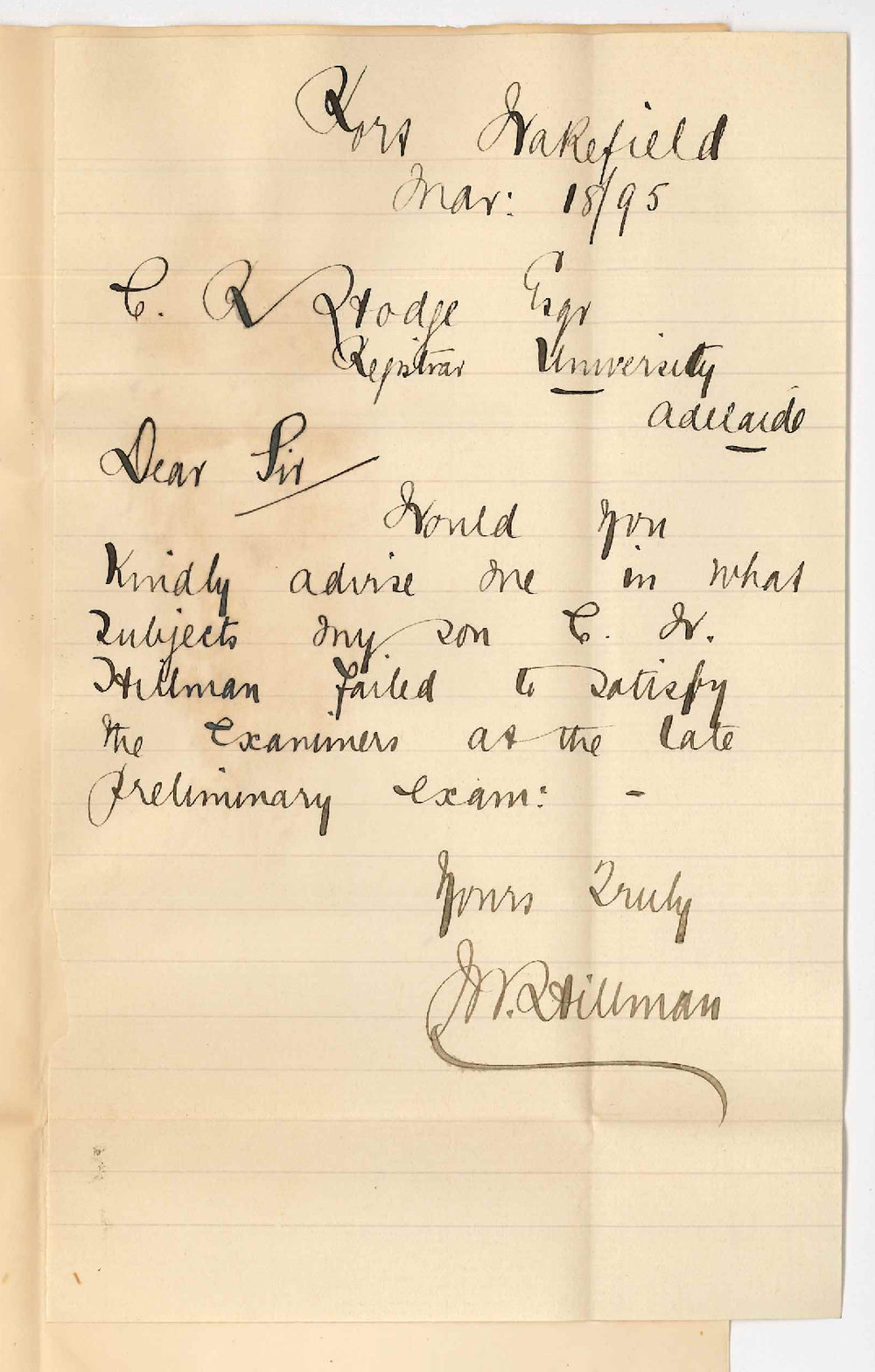 J W Hillman - Port Wakefield - Enquiring re sons failure in Preliminary Exam