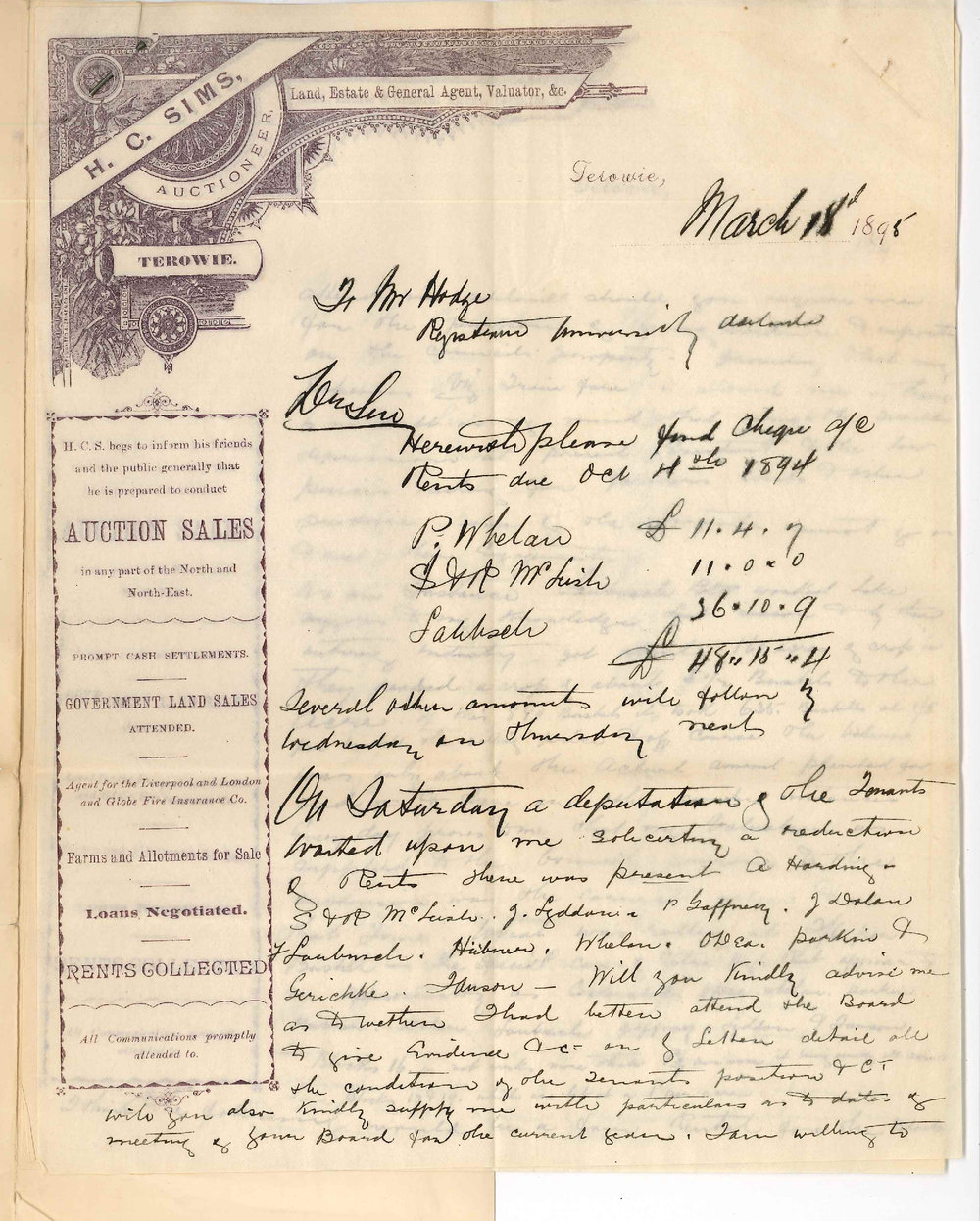 H C Sims - Terowie - Reduction of rents