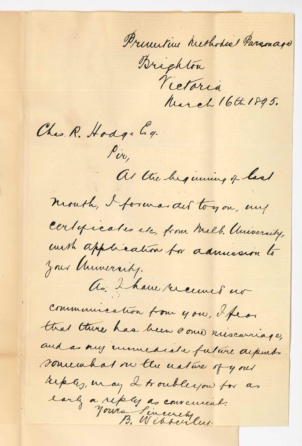 Reverend Brian Wibberley - Prim Parsonage Brighton Victoria - Enquiring whether certificates forwarded have been received