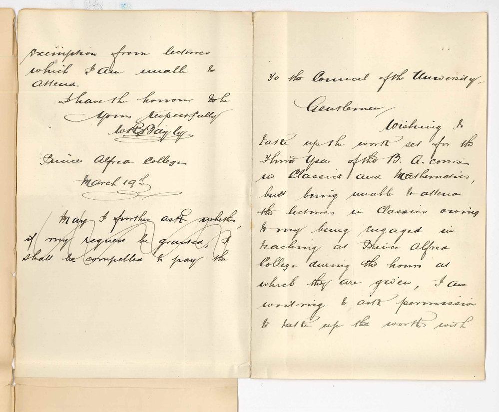 W R Bayly - Prince Alfred College Kent Town - Asking for exemption from lectures on Classics of 3rd year BA