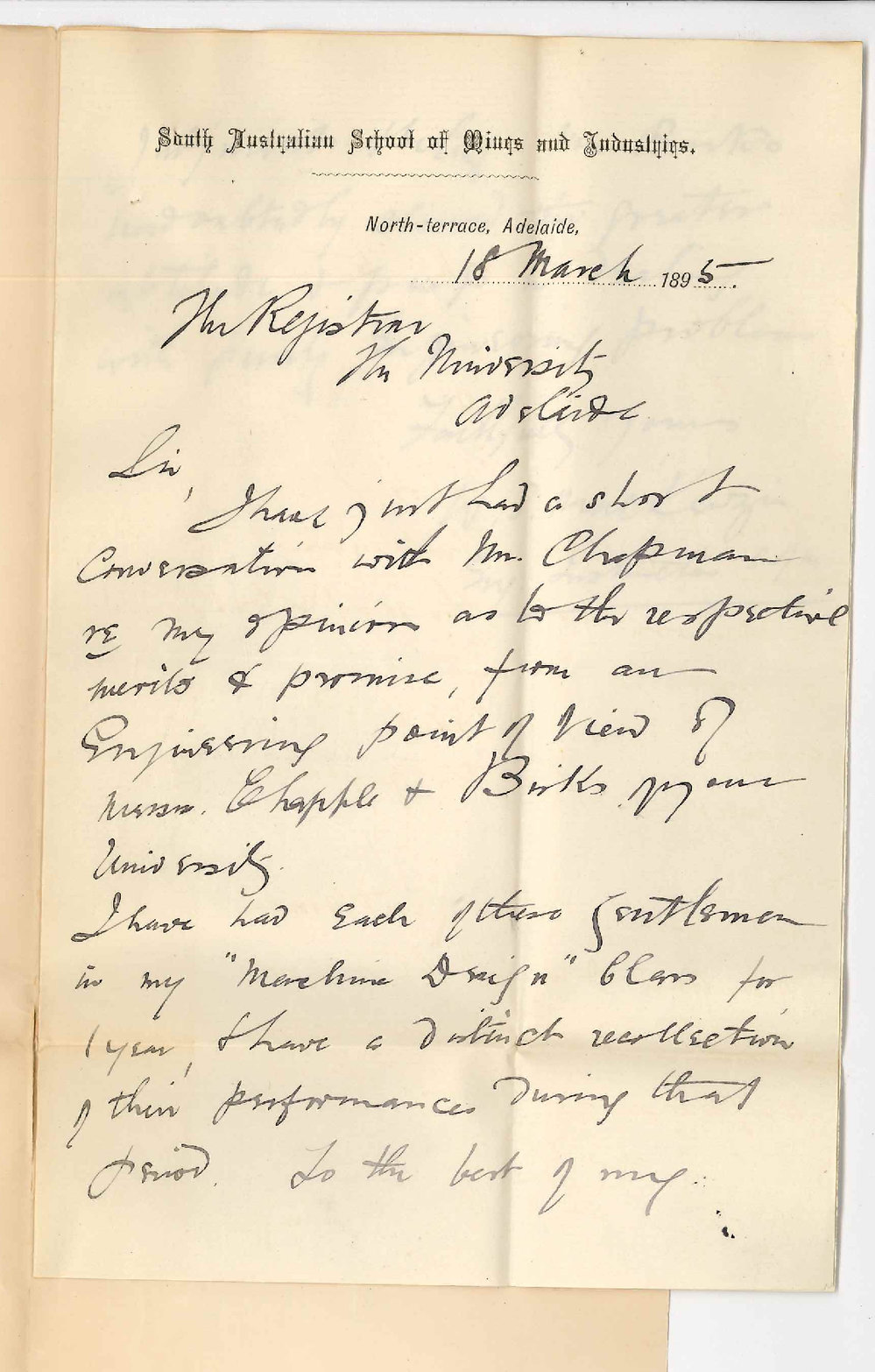 W S Mackenzie - School of Mines Adelaide - Re Chapple and Birks Candidates Engineering Scholarships