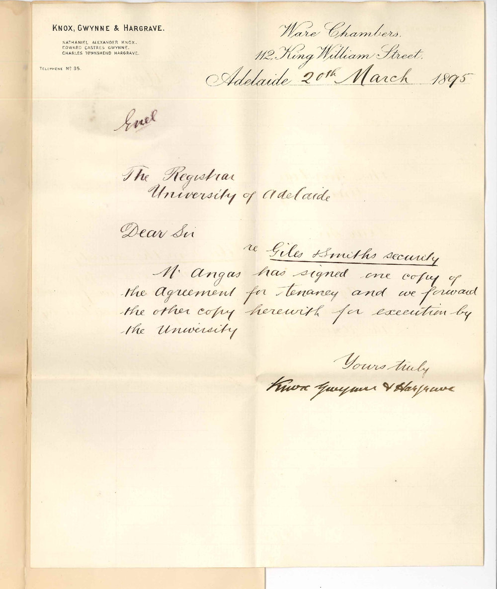 Knox Gwynne and Hargrave - Ware Chambers King William Street Adelaide - Copy of agreement forwarded