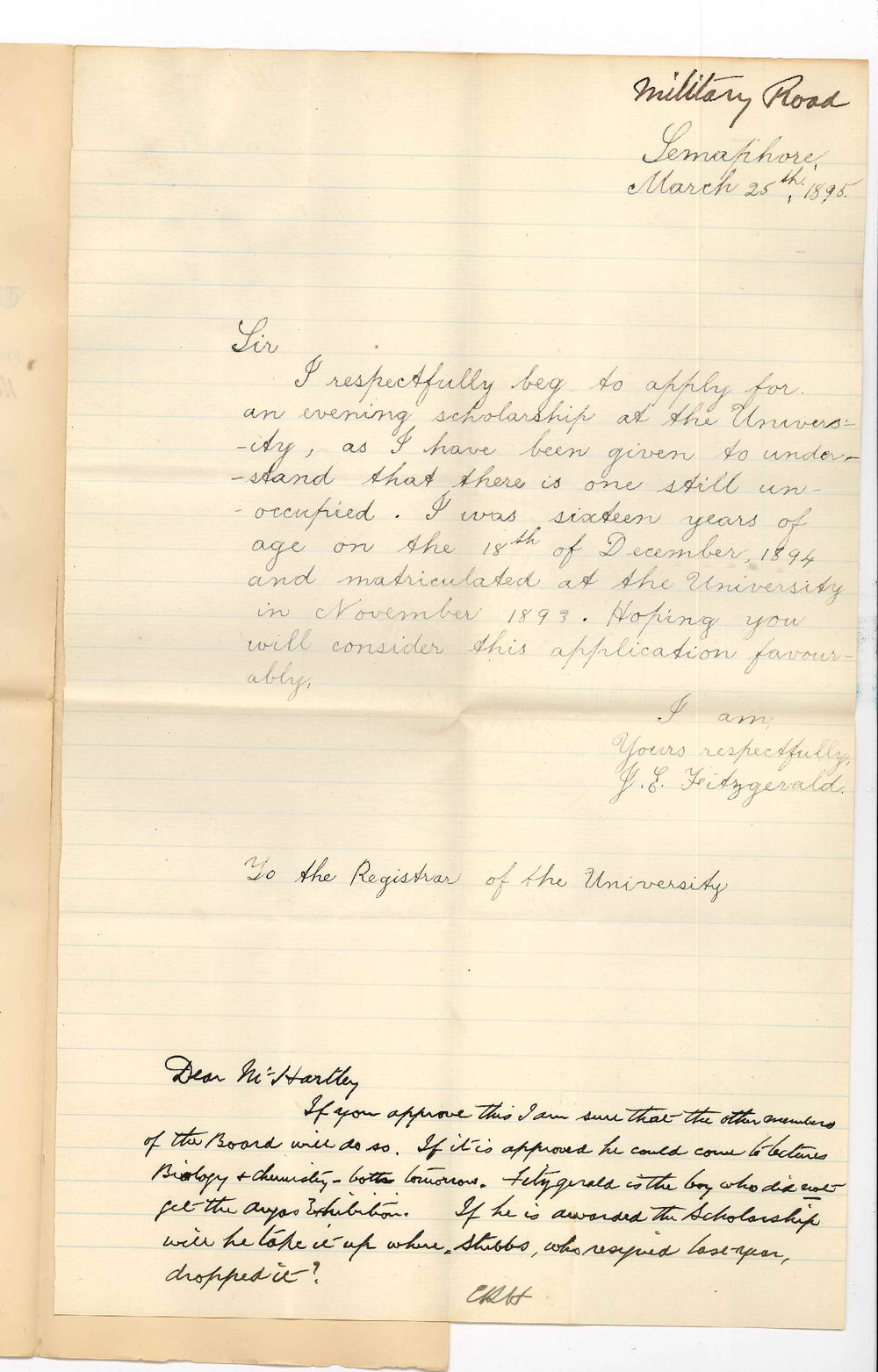 J E Fitzgerald - Military Road Semaphore - Applying for Evening Scholarship