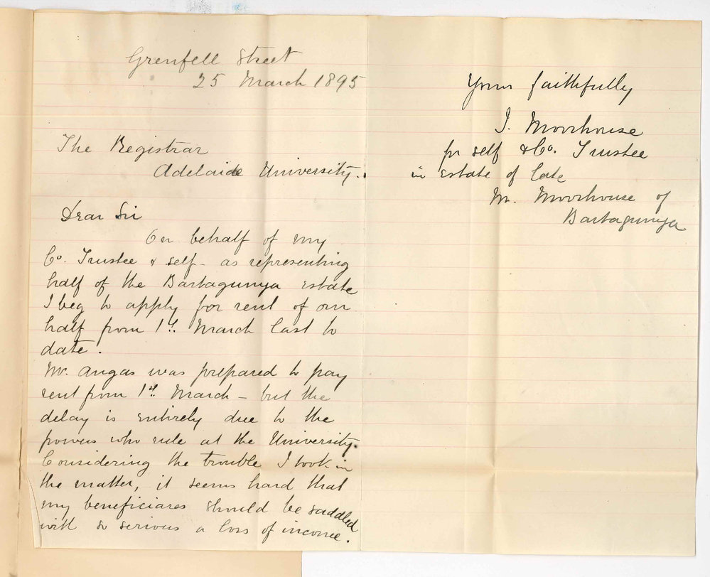 J Moorhouse - Grenfell Street Adelaide - Asking that half rent of Bartagunia from 1st instant to date be paid to himself and co trustee