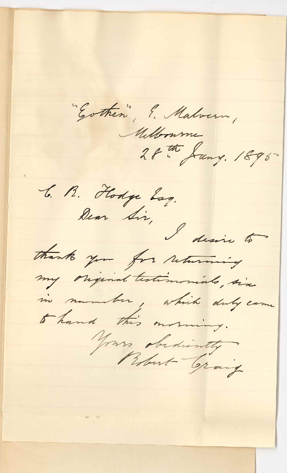 Robert Craig - East Malvern Melbourne - Acknowledging receipt of six original testimonials returned
