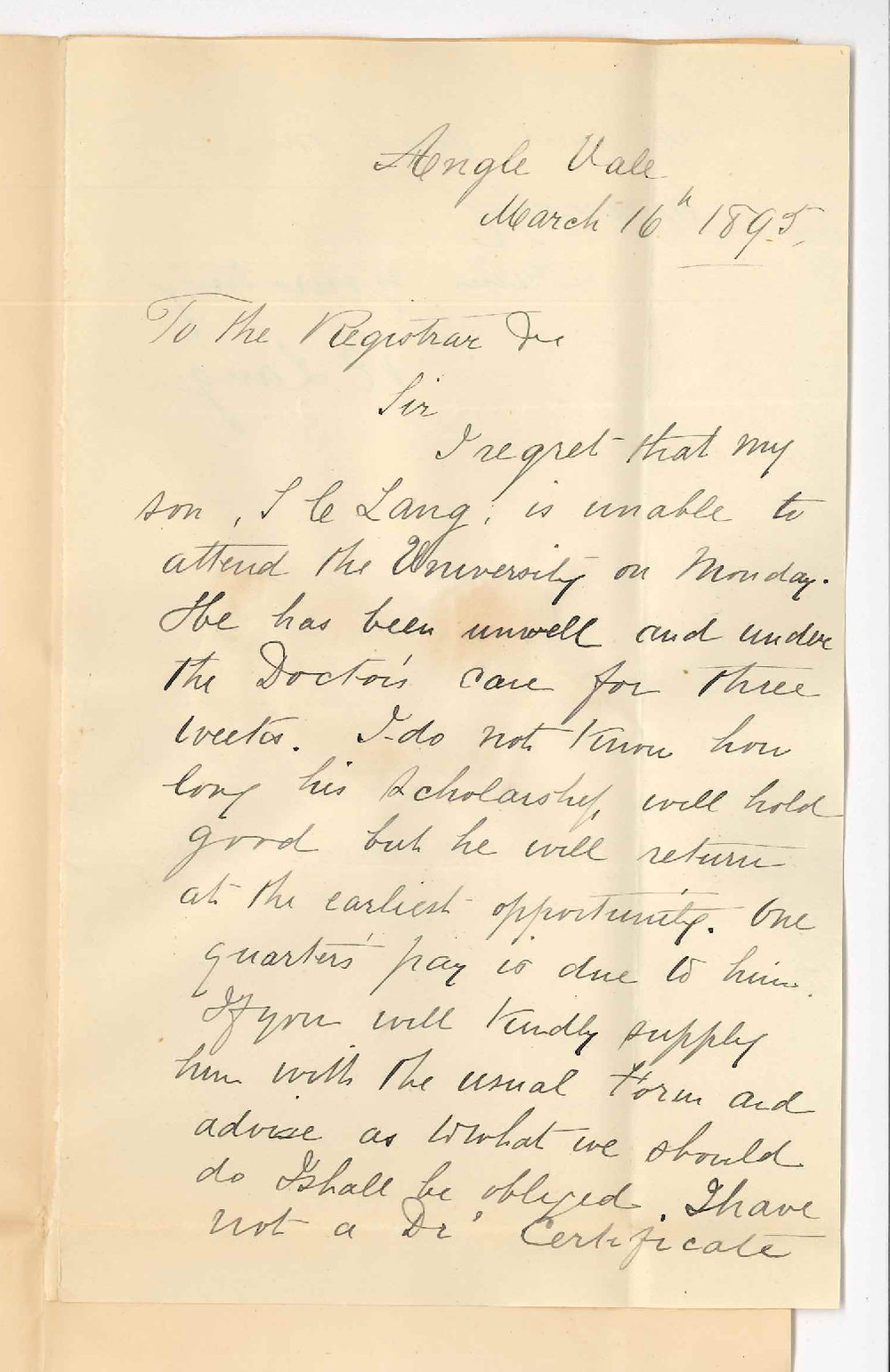 Reverend R Lang - Angle Vale - Regarding payment of son's scholarship during absence through illness