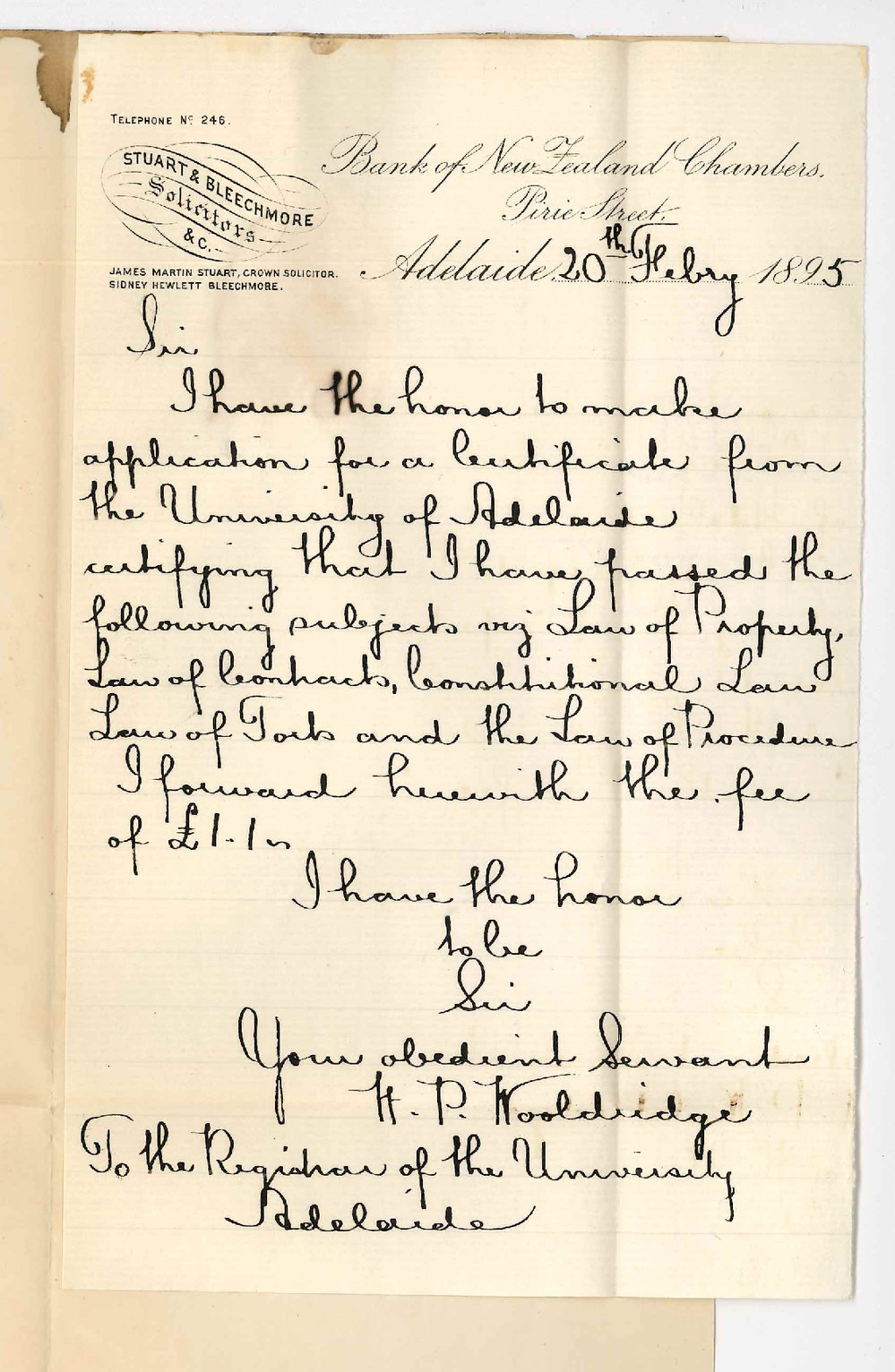 H P Wooldridge - Pine Street Adelaide - Applying for certificate for Law course