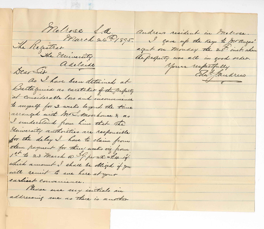 Edward J Andrews - Melrose SA - Asking for extra 3 weeks wages as caretaker at Bartagunia
