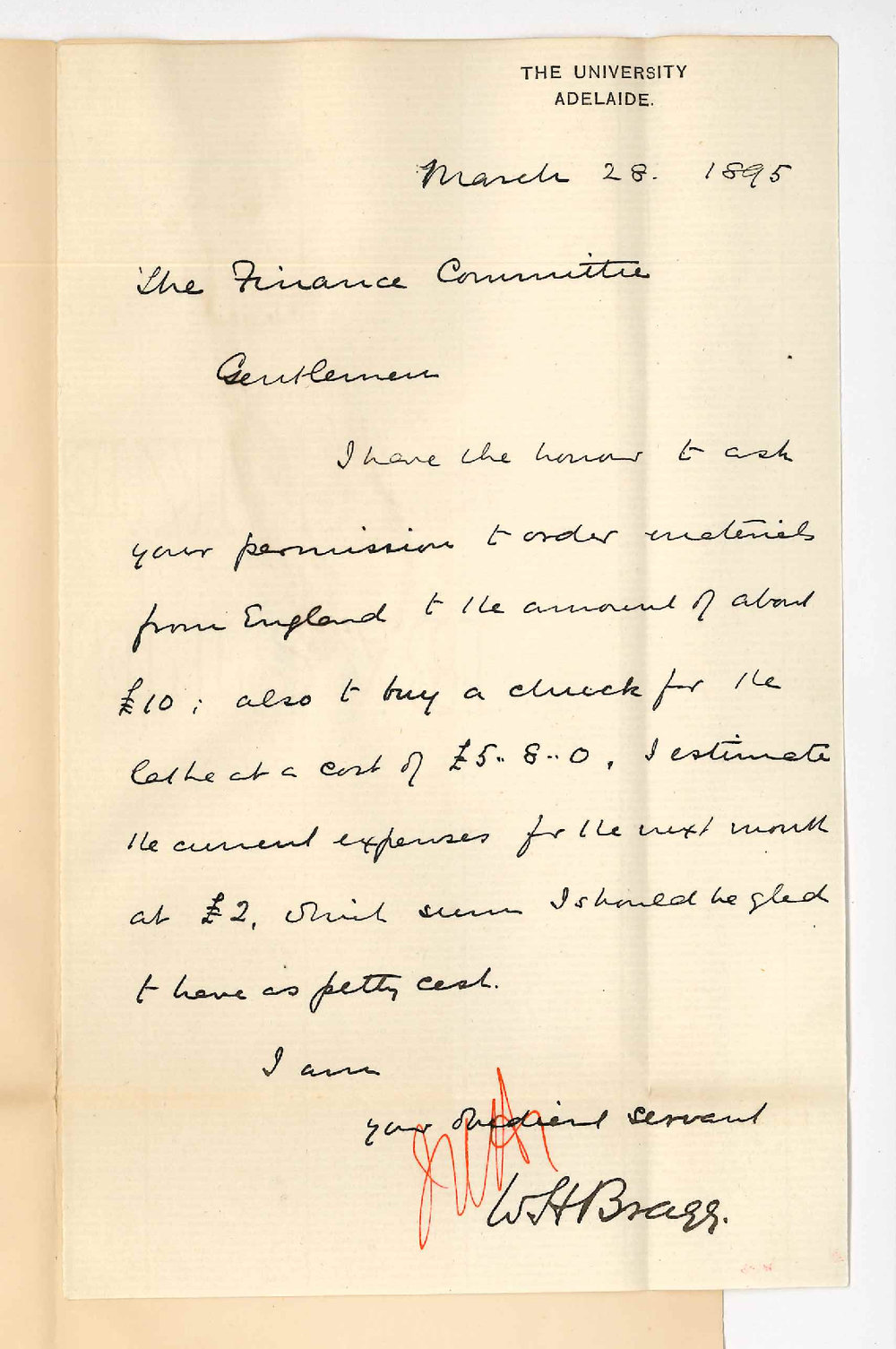 Professor William Henry Bragg - The University - Estimate of expenses for April Request for grant &pound;17-8-0