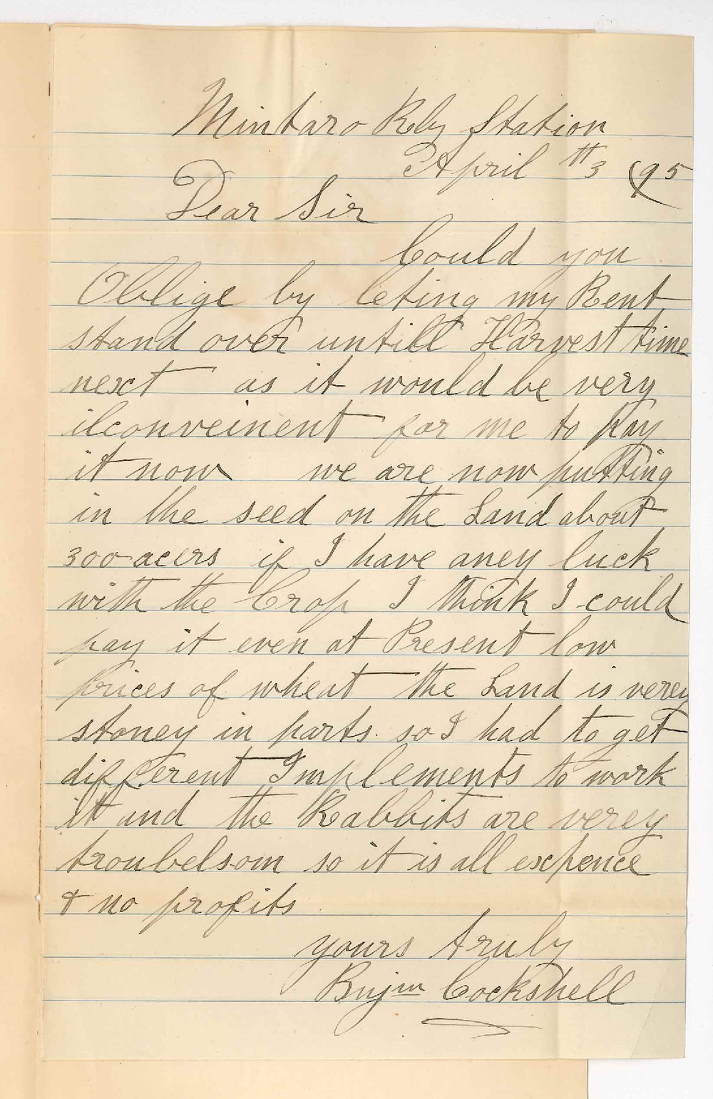 Benjamin Cockshell - Parnaroo - Asking that rent due 4 April 1895 may stand over till Harvest time