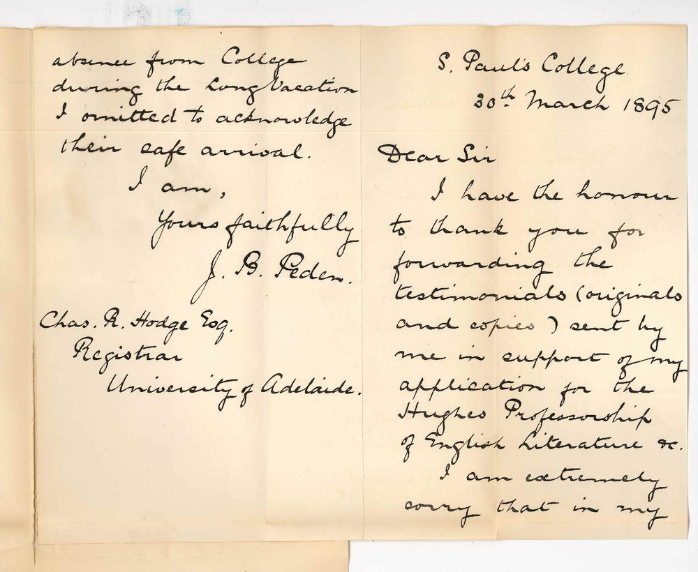 J B Peden - St Pauls College - Acknowledging receipt of returned testimonials