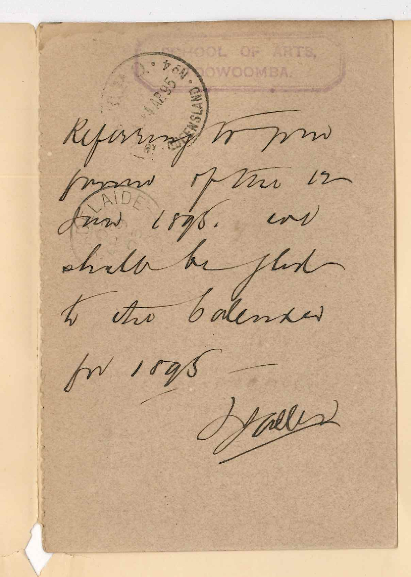 Thomas J Allen - School of Arts Toowoomba - Asking for Calendar for 1895