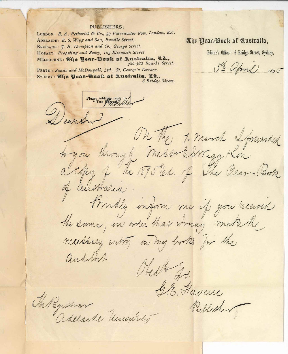 Publisher - Year Book of Australia Bridge Street Sydney - Enquiring if Year Book forwarded were received
