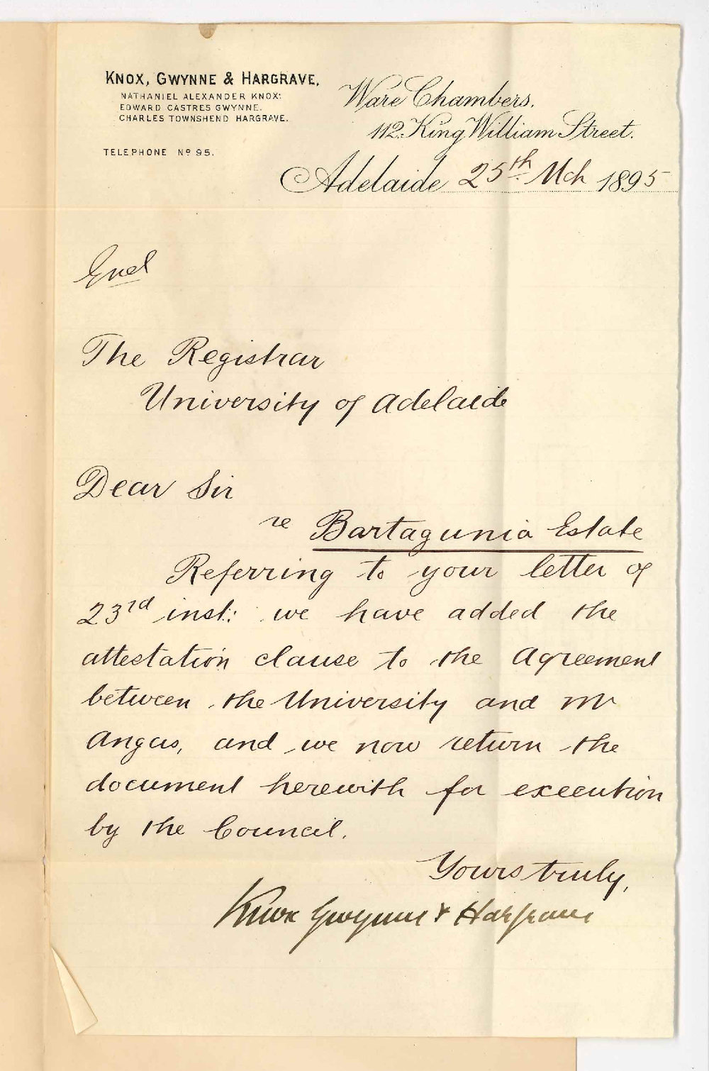 Knox Gwynne and Hargrave - Ware Chambers King William Street Adelaide - Herewith agreement with John Howard Angas for execution by the Council