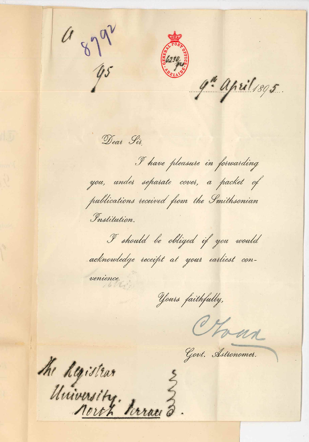 Sir Charles Todd - Government Astronomer GPO Adelaide - Forwarding Publication of Smithsonian Institution