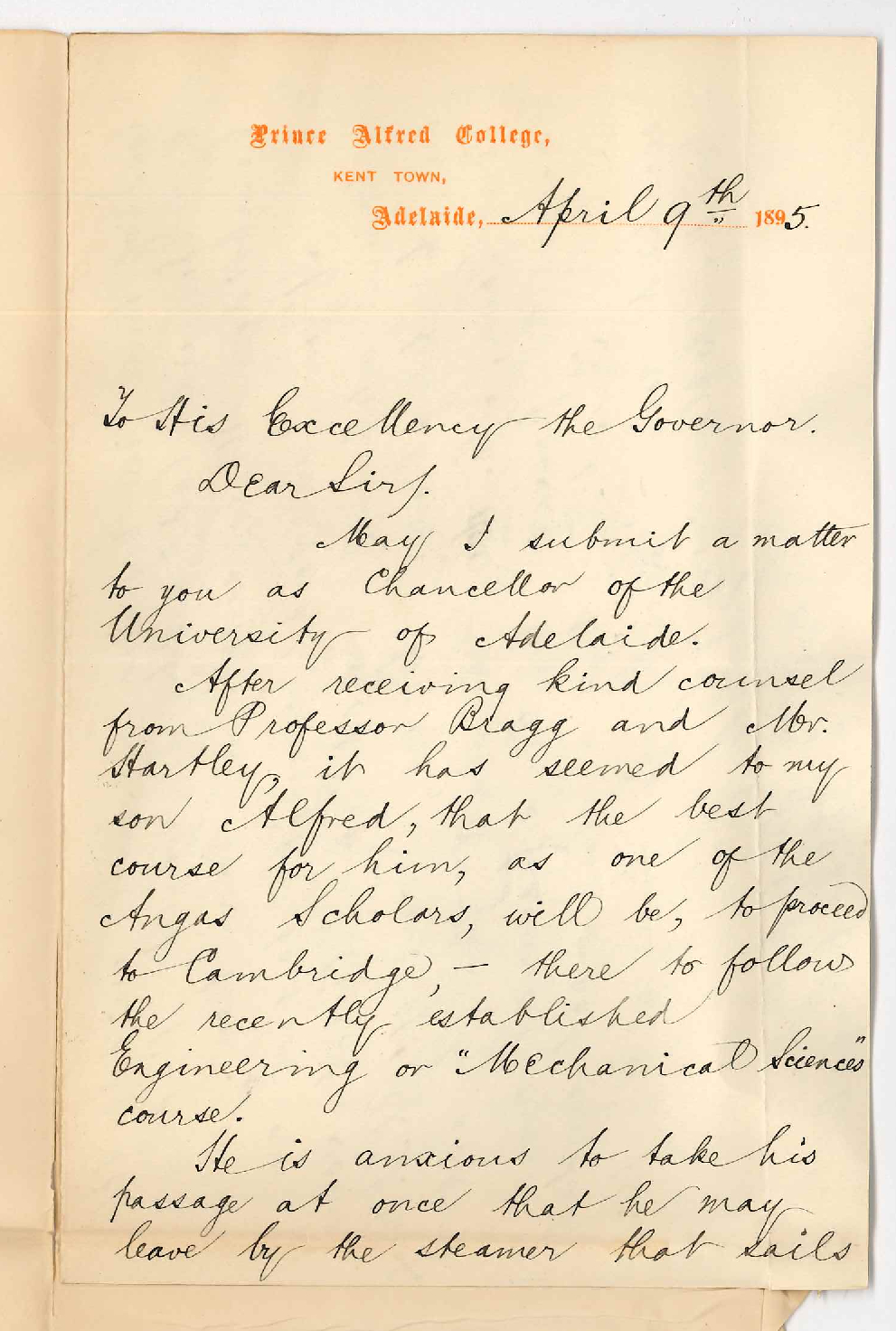 Frederic Chapple - Prince Alfred College Kent Town - Asking permission for son Alfred Angas Scholar to go to England at once