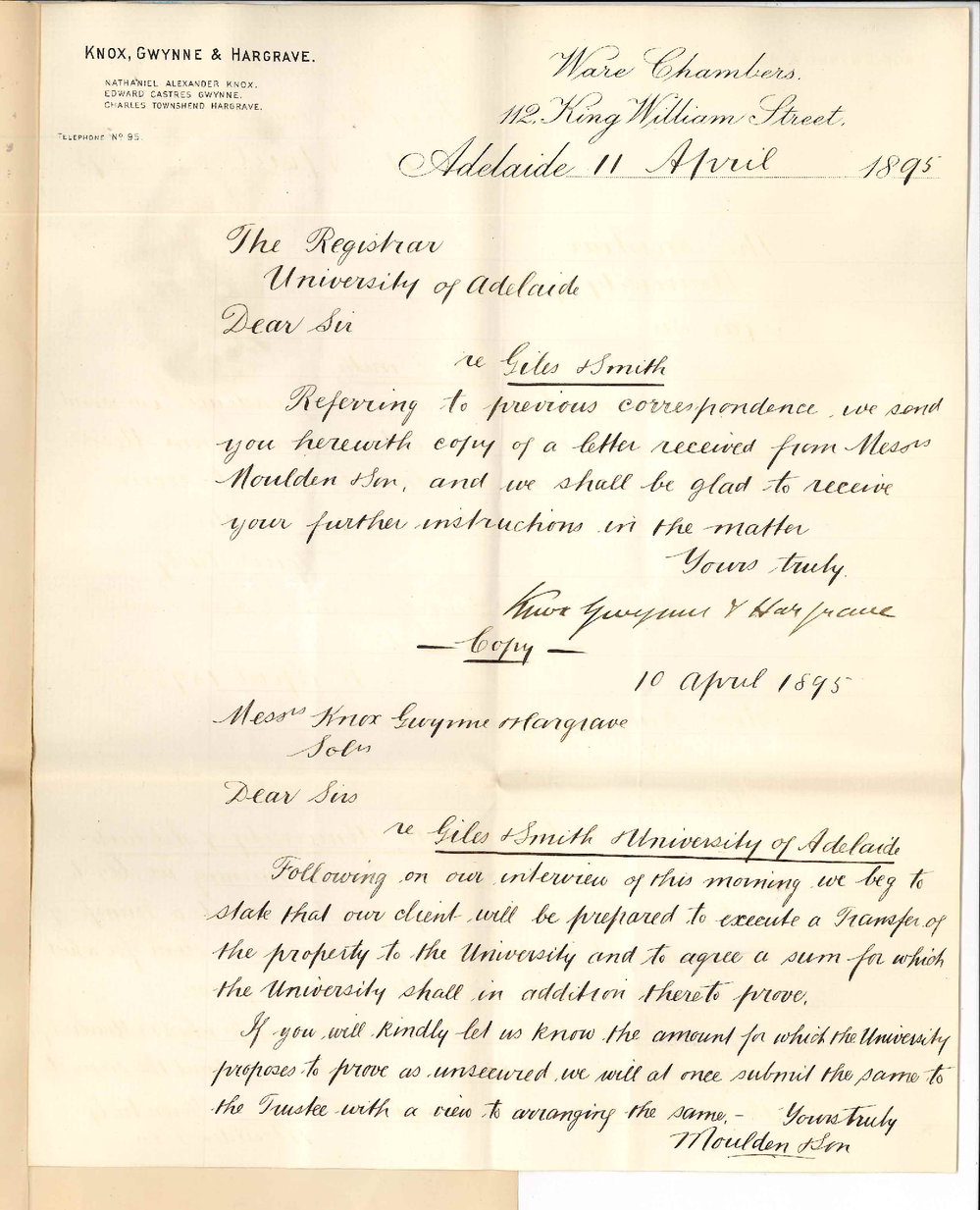 Knox Gwynne and Hargrave - Ware Chambers King William Street - Forwarding copy of letter from Messrs Moulden and Sons re Giles and Smith