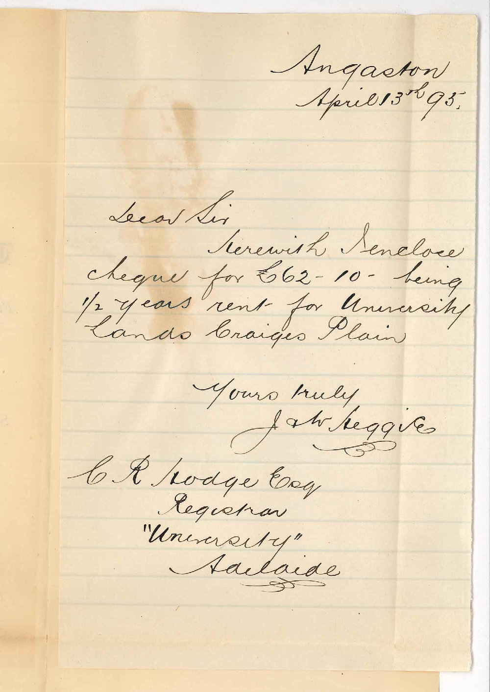 James and W Heggie - Angaston - Payment of half years rent