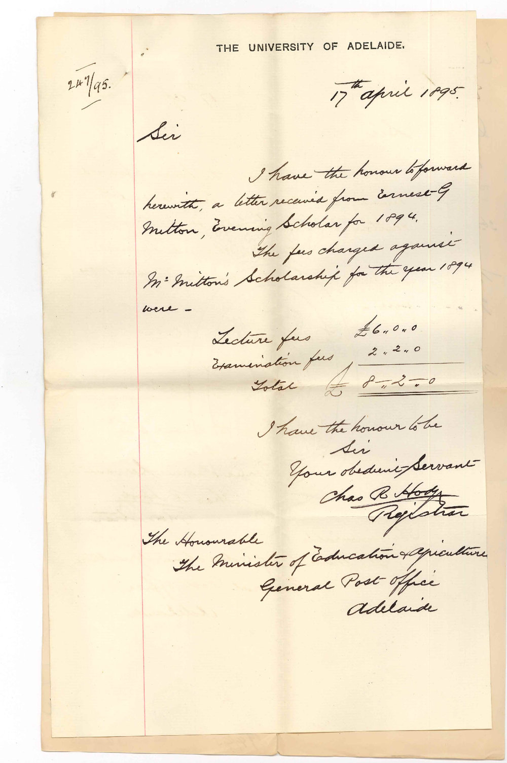 Ernest G Mitton - Prince Alfred College Kent Town - Asking that Minister of Education be informed re Scholarship
