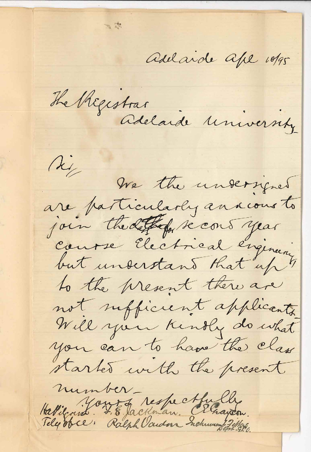 H A Pilgrim and Others - Telegraph Office GPO - Asking that an evening class in Electric Engineering Part 2 be formed - Guarantees 4 to join