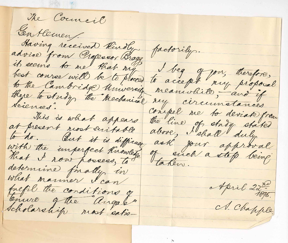 Alfred Chapple - Intentions re Angas Scholarship