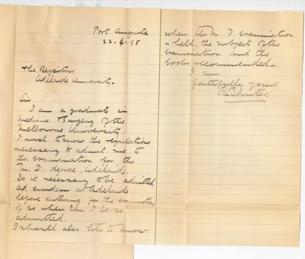 R E Shuter MB - Port Augusta - Enquiring re exam for MD Degree