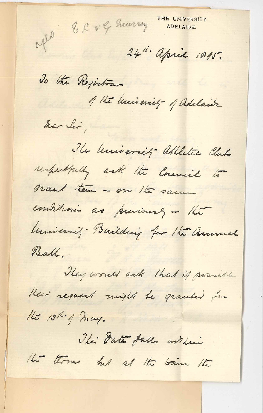 James Linklater Thomson Isbister - for the Athletic Club University - Asking permission to hold annual ball in the University
