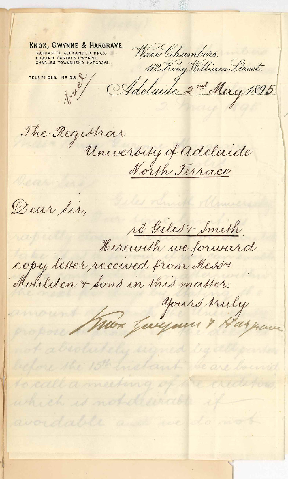 Knox Gwynne and Hargrave - King William Street Adelaide - Herewith letter from Moulden and Sons re Giles and Smith