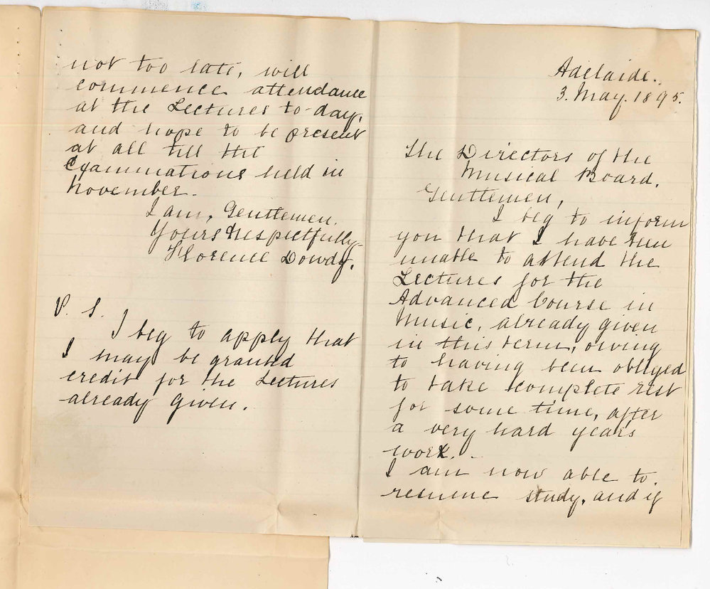 Florence J Dowdy - Adelaide - Entering Advanced Course Music asking credit for attendance on lectures up to May 2nd