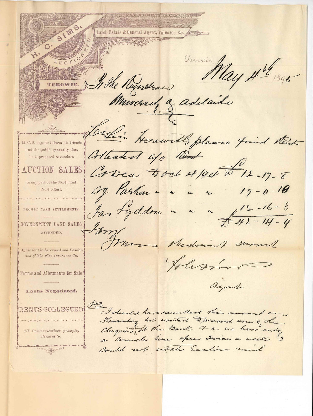H C Sims - Terowie - Herewith &pound;42-14-9 rent collected