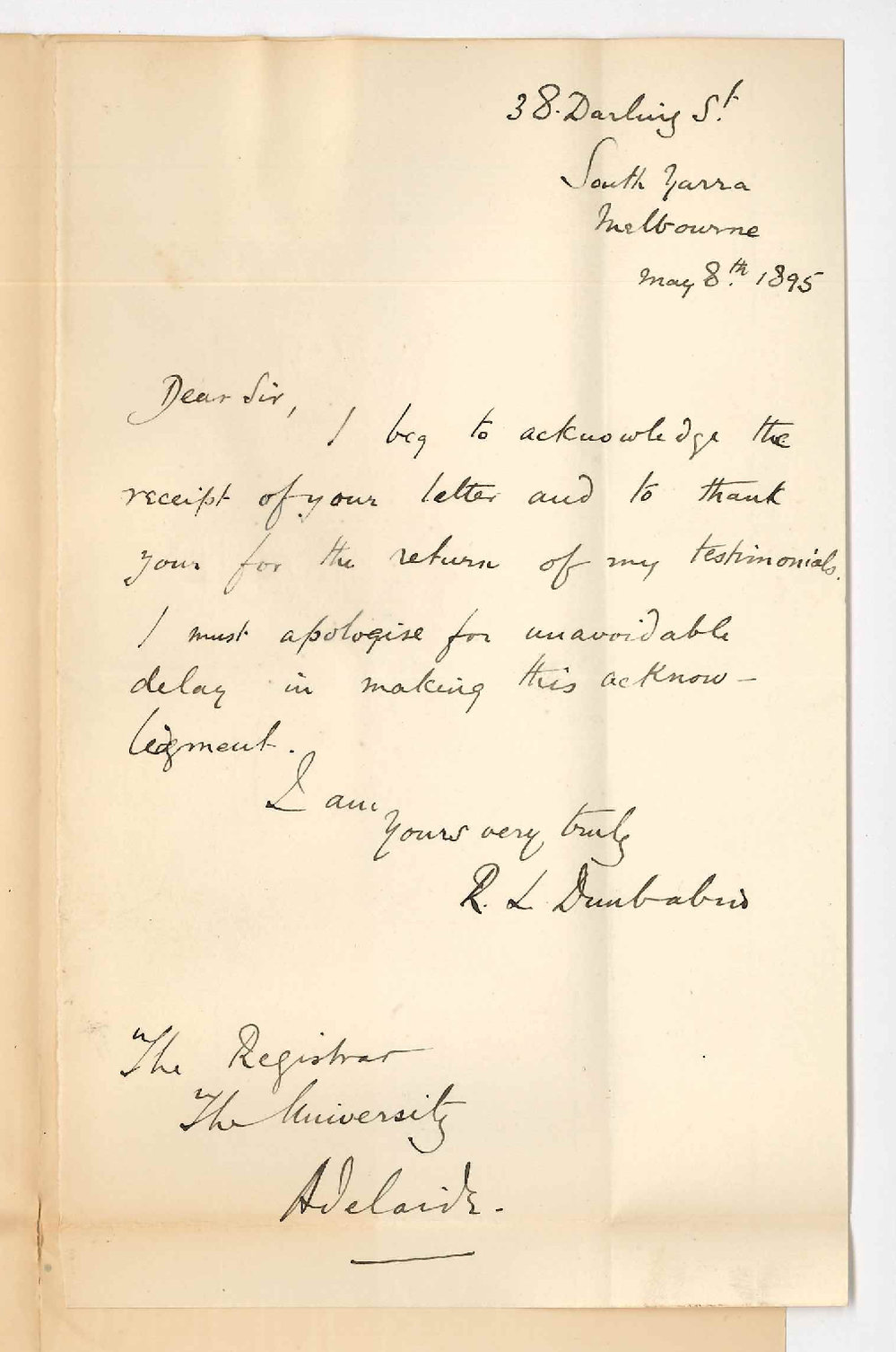 R L Dunbabin - 38 Darling Street South Yarra Melbourne - Acknowledging receipt of returned testimonials
