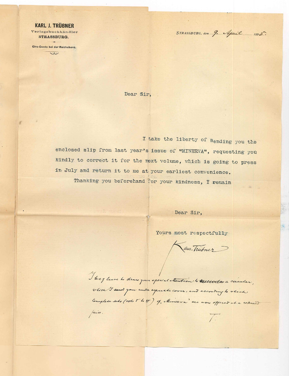 Karl J Trubner - Strassburg - Slip from Minerva for correction