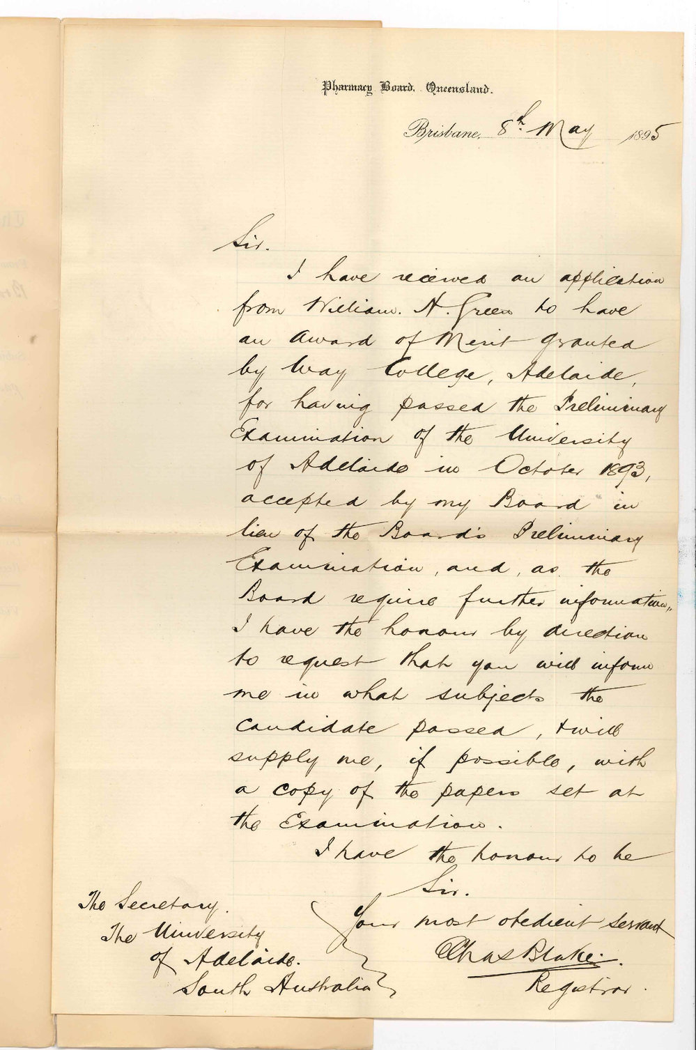 Charles Blake - Registrar Pharmacy Board Brisbane Queensland - Enquiring re William H Green passing Preliminary Exam