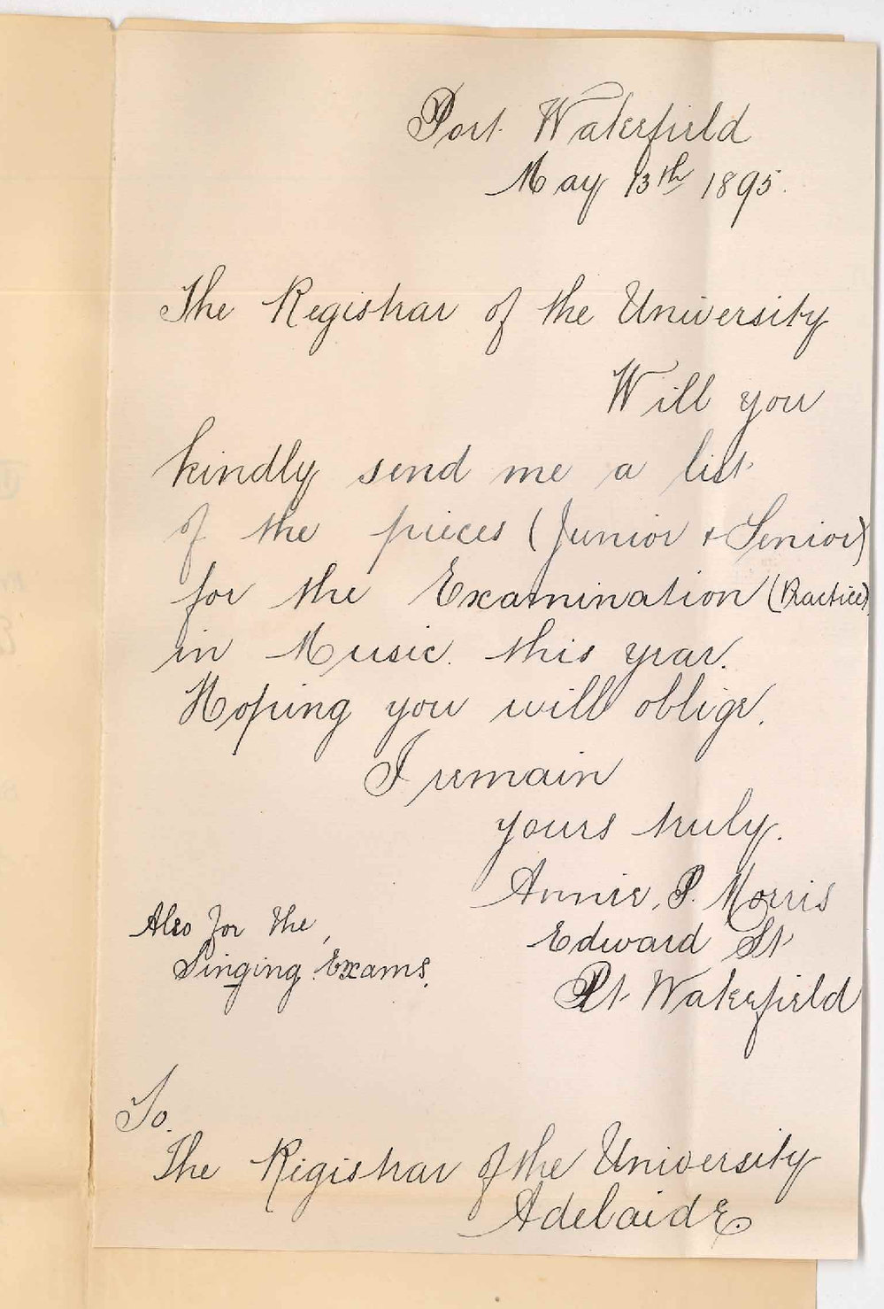 Annie P Morris - Edward Street Port Wakefield - Particulars of Exams in Practice of Music