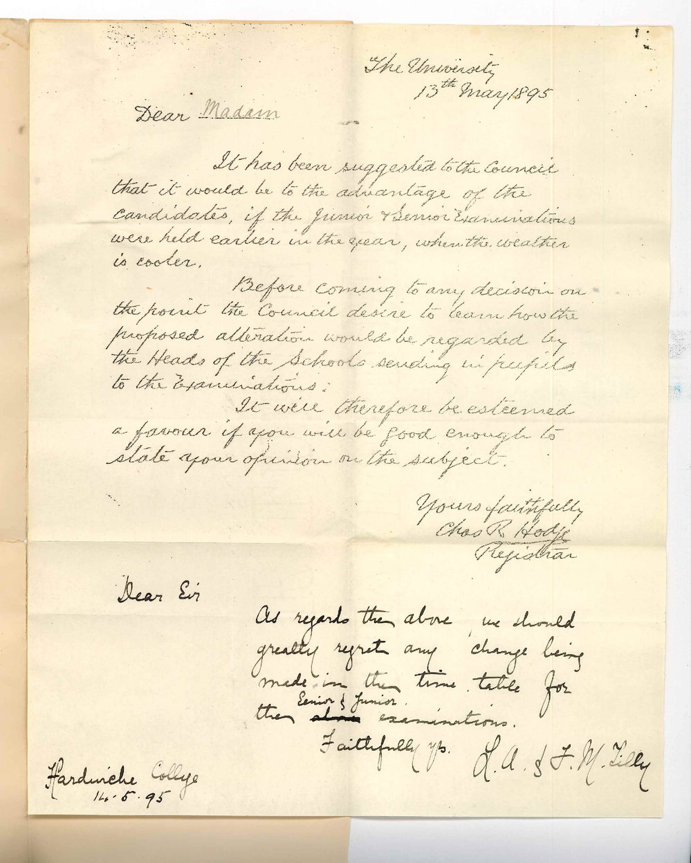 Florence Mary and Lucy Agnes Tilly - Hardwicke College EA - Opposed to proposed alterations in Junior and Senior Public Exams