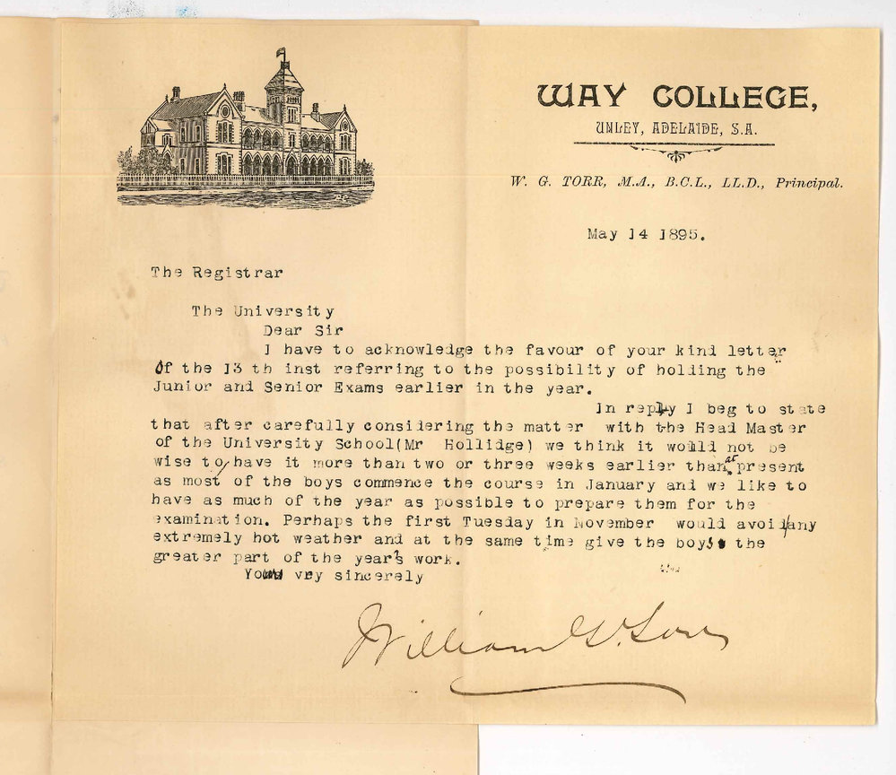 Dr William George Torr MA - Way College Unley - Opposed to proposed alterations in Junior and Senior Public Exams